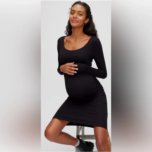 fitted lace wedding dress Momyknows Pink Ruched Stand Collar Long Sleeve Bodycon Maternity Midi Dress Pink / S main image 0